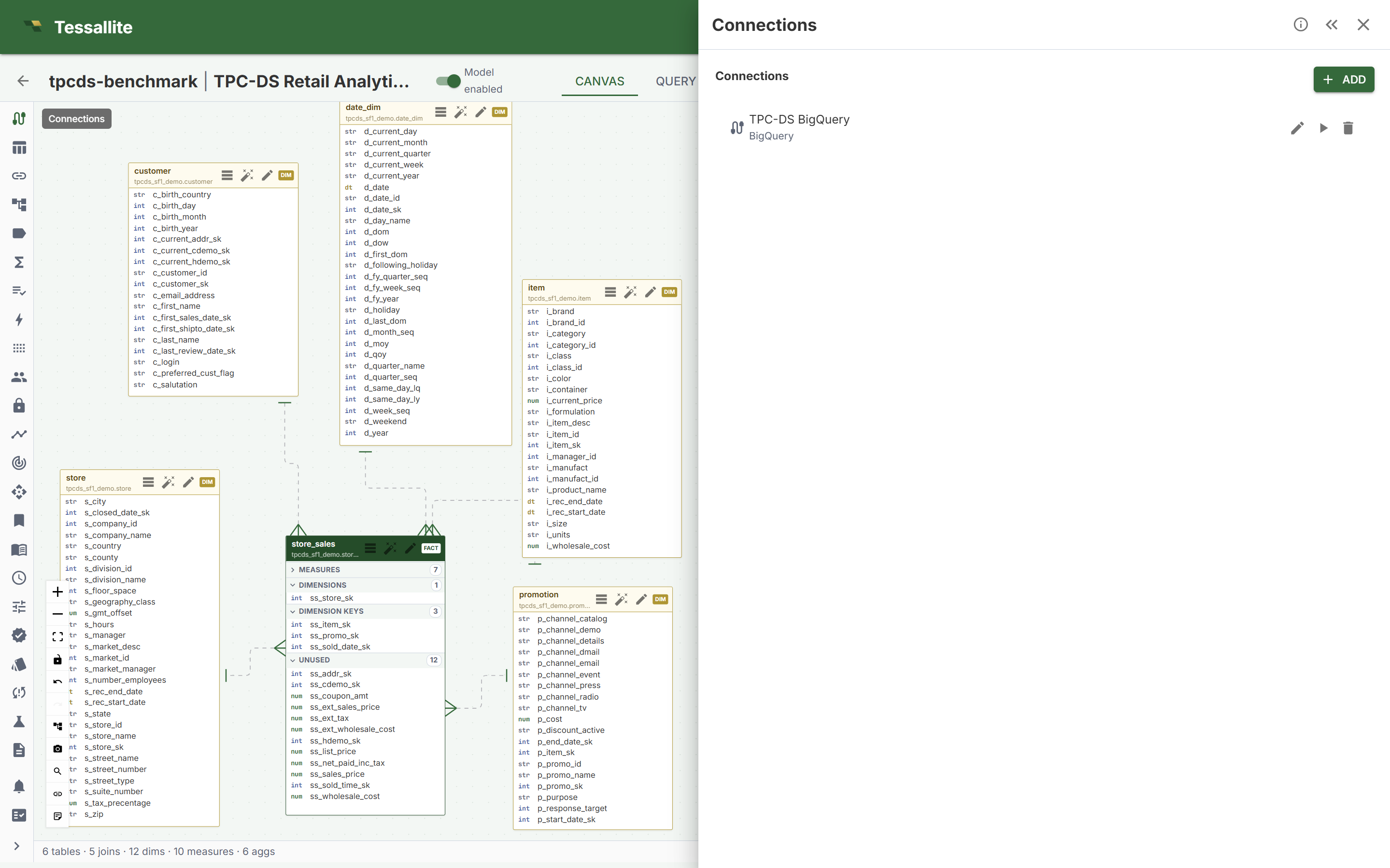 Tessallite model canvas with Model enabled switch on and a connected BigQuery data source