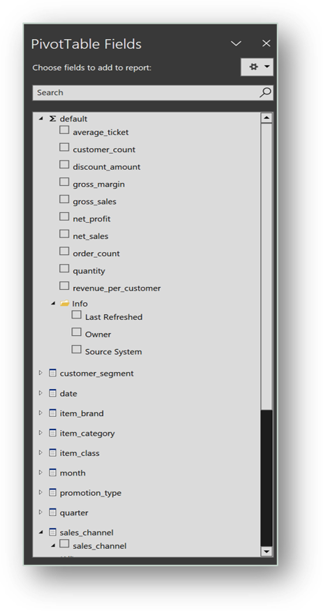 Excel field list showing model measures, dimensions and an Info folder with owner and source system