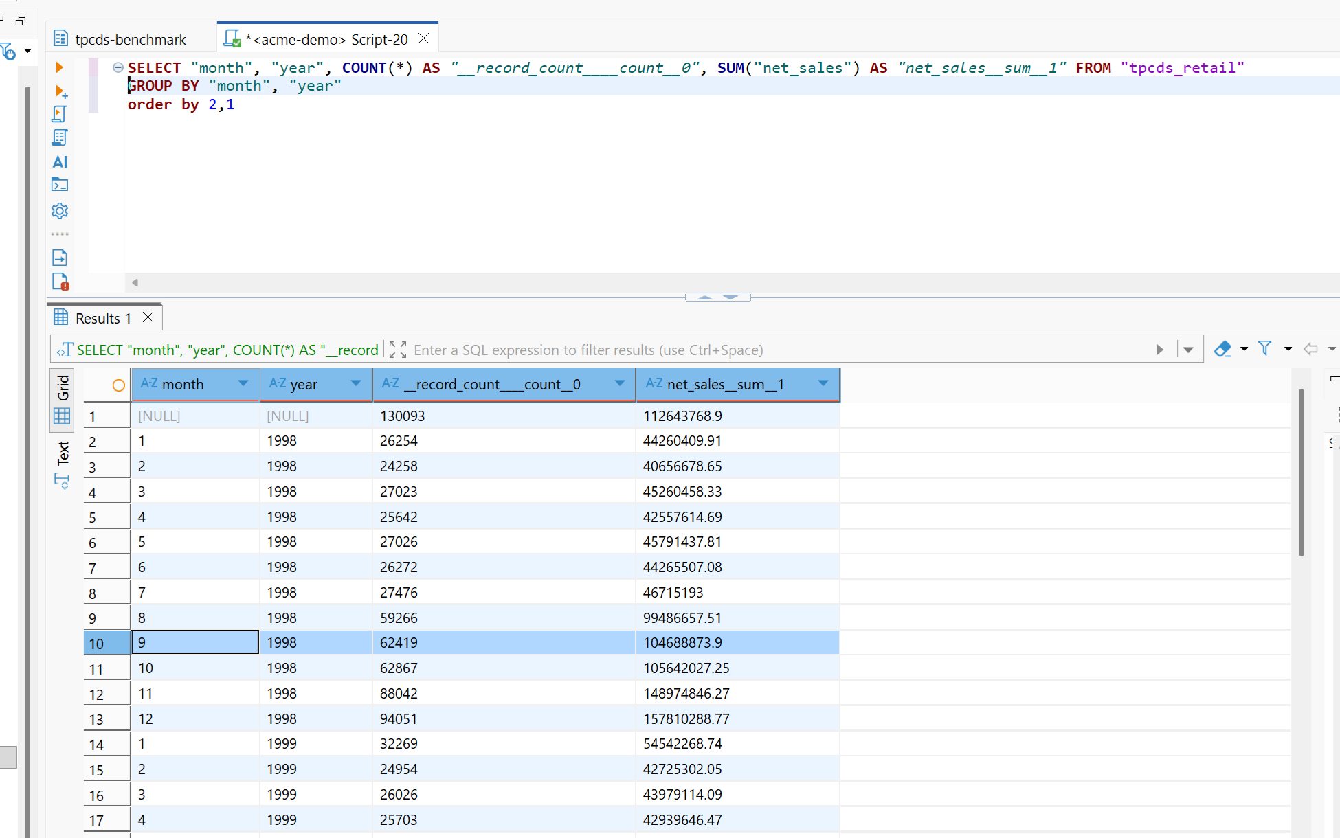 DBeaver SQL client querying Tessallite through the PostgreSQL wire endpoint