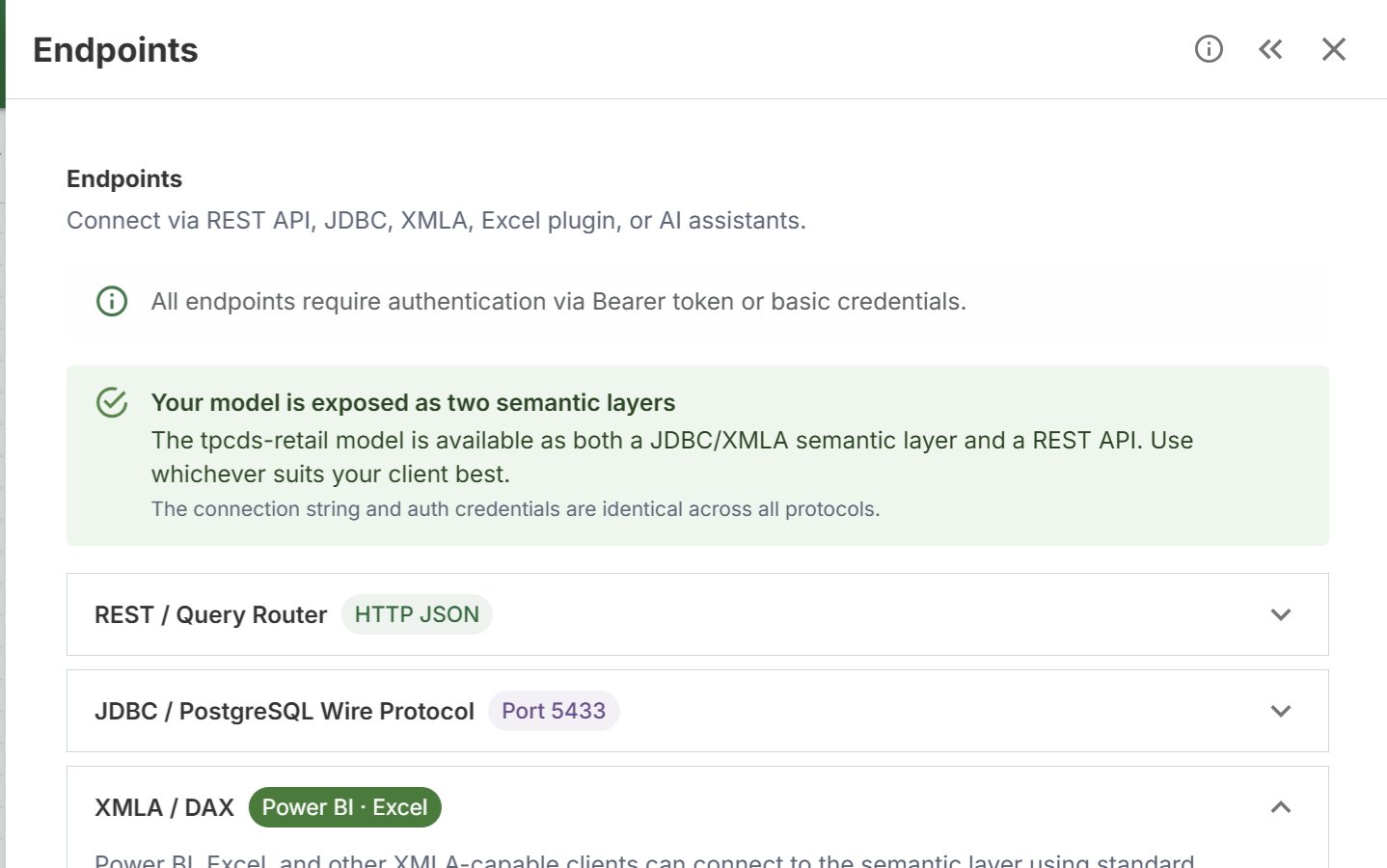 Tessallite Endpoints panel with REST, JDBC, XMLA, Excel, and MCP connection details
