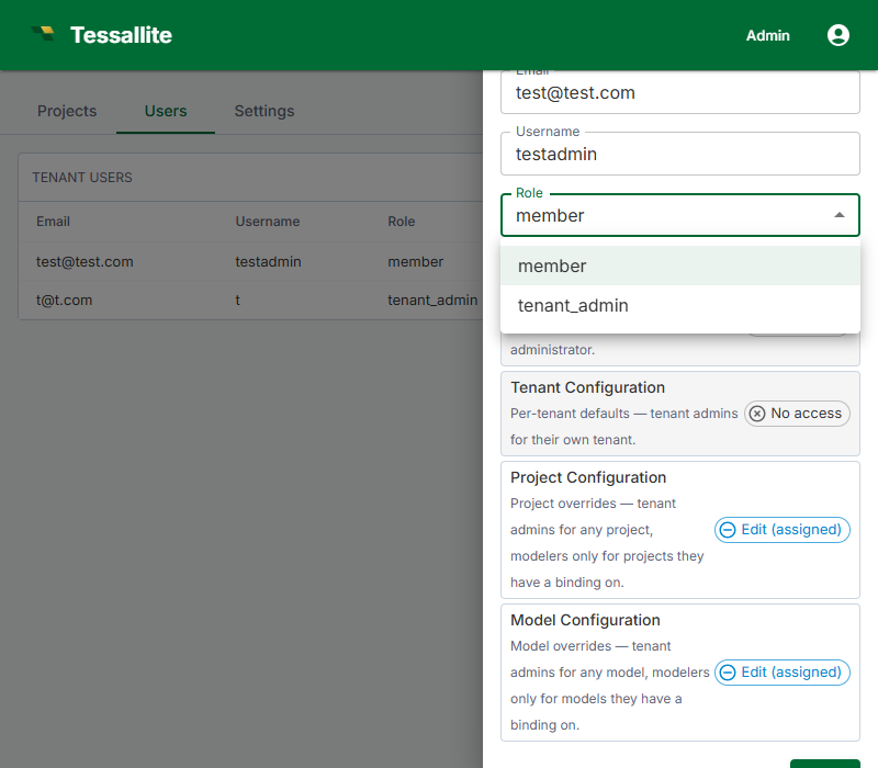 Admin panel — user detail with the Role dropdown open.