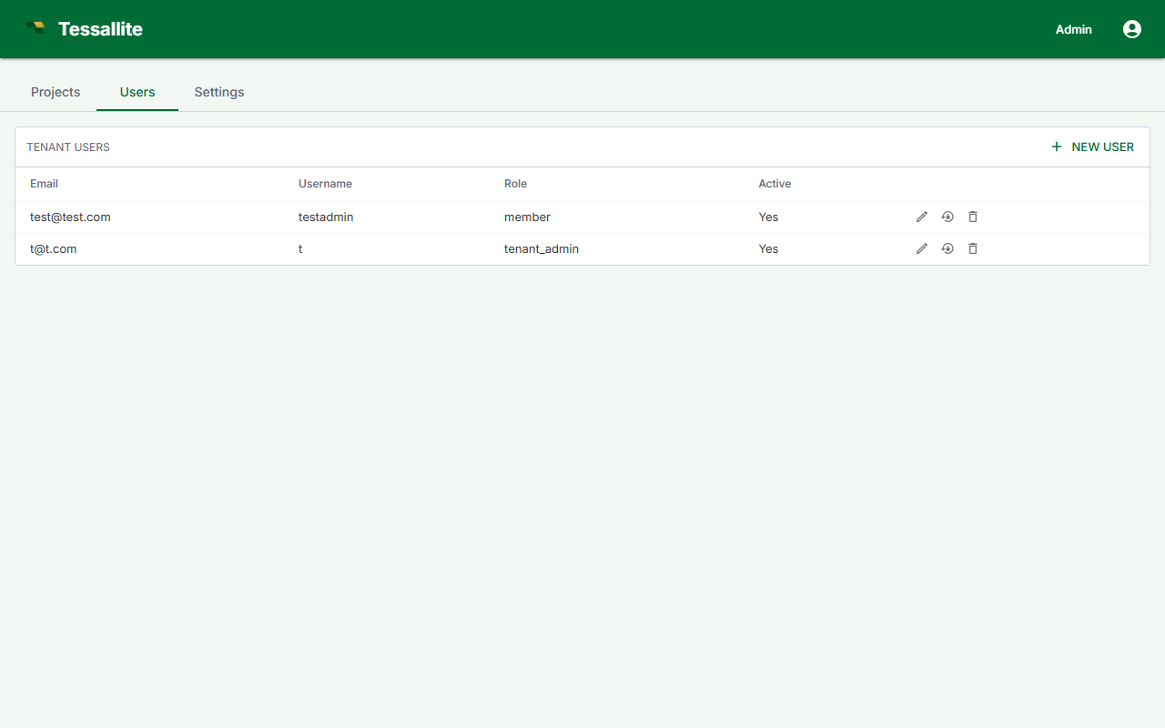 Admin panel Users tab listing tenant users.