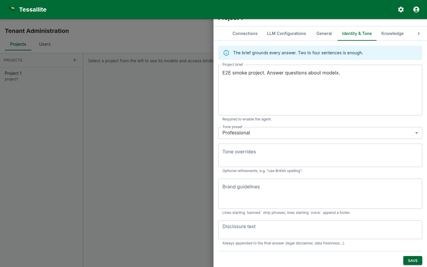 Conversational agent — Identity & Tone tab on the seed acme-demo project.