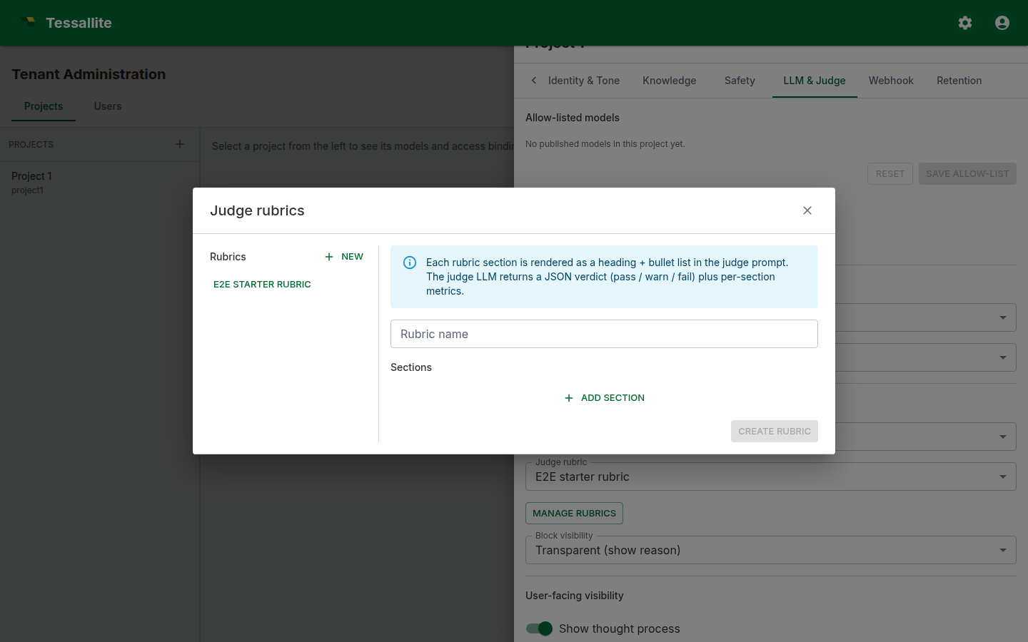 Judge sub-tab — rubric editor with the section list and the per-section body / bullets fields.