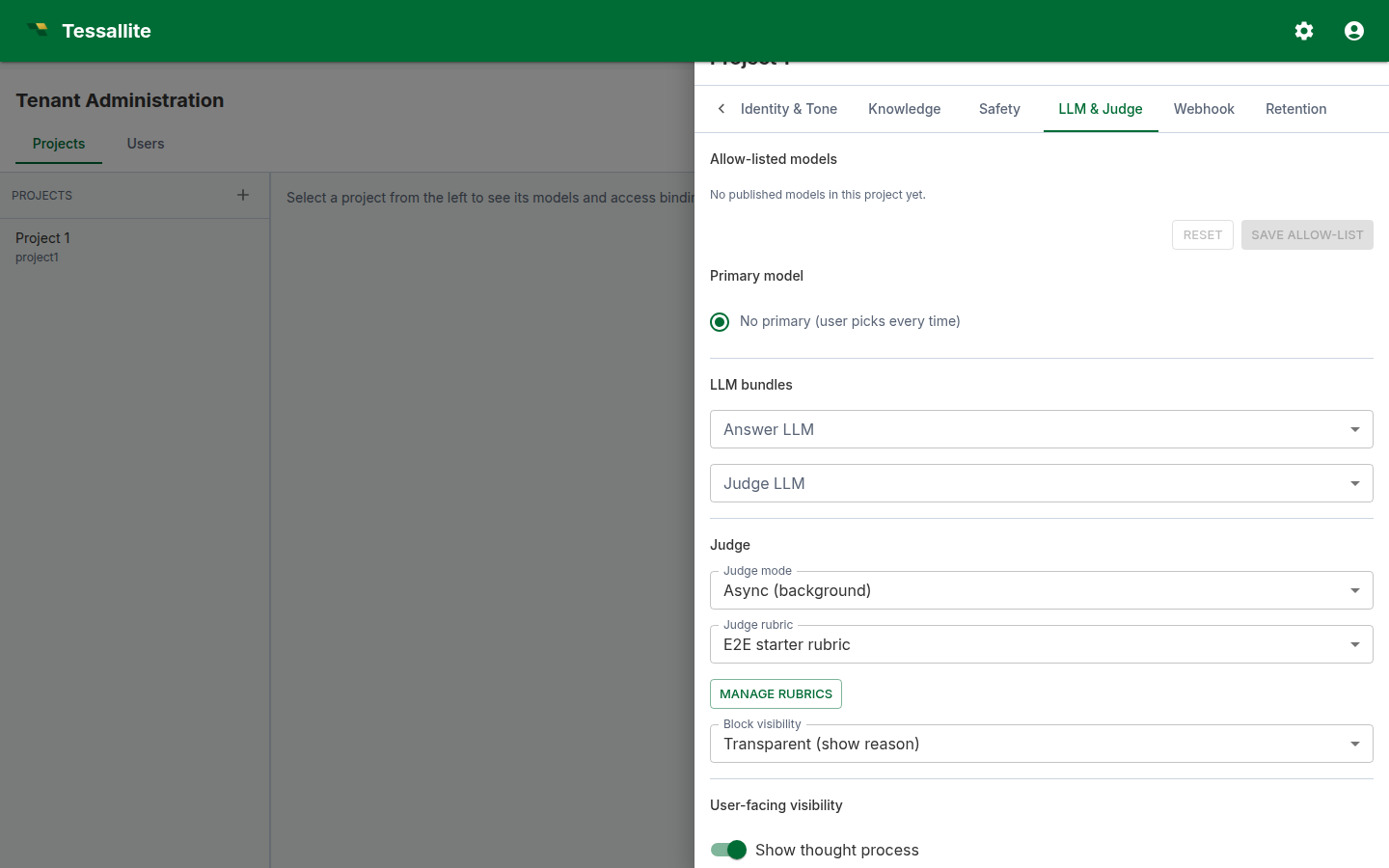 Project drawer — LLM & Judge tab with allow-list and model pickers.