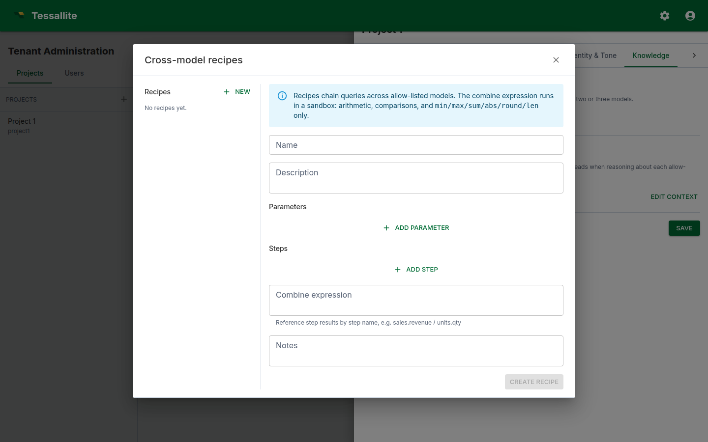 Recipes sub-tab — recipe list with the inline editor open, showing parameters, steps, and combine expression.
