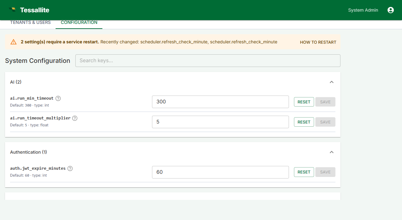System Configuration — read-only Bootstrap (env-only) panel.