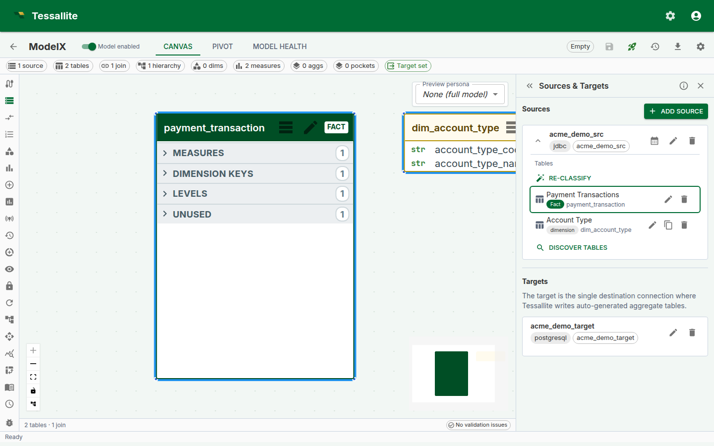 Clicking a canvas node header focuses the matching row in the Sources panel with a transient outline.