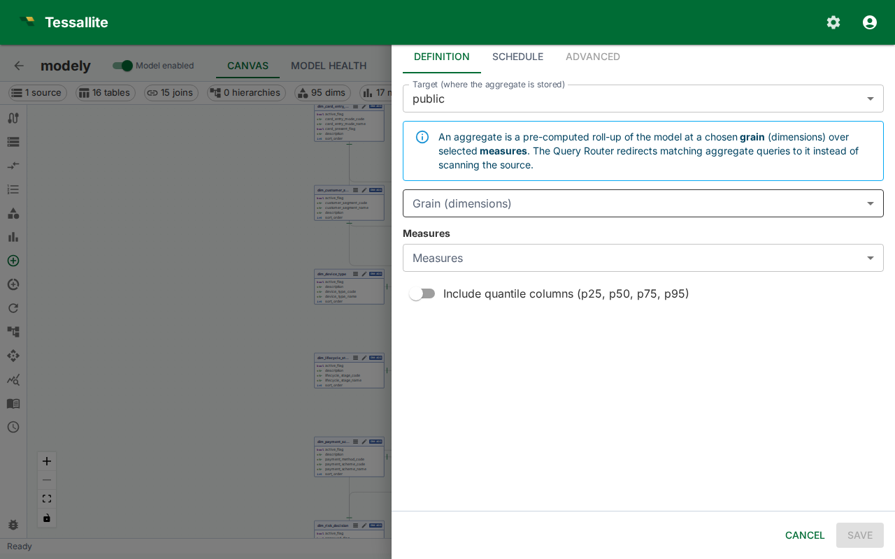 Model Builder — Aggregates panel with new aggregate form.