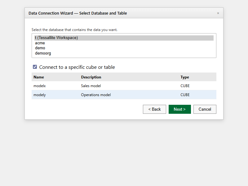 Excel Data Connection Wizard — catalogue selection showing model and persona catalogues.