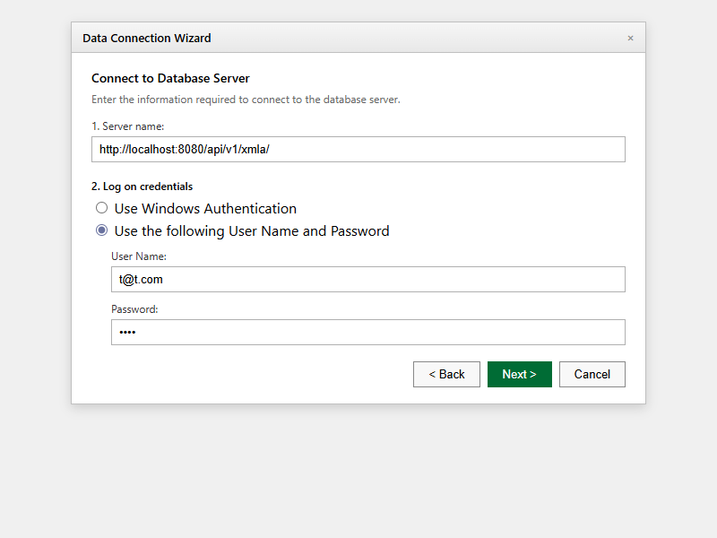 Excel Data Connection Wizard — server name and credentials fields.