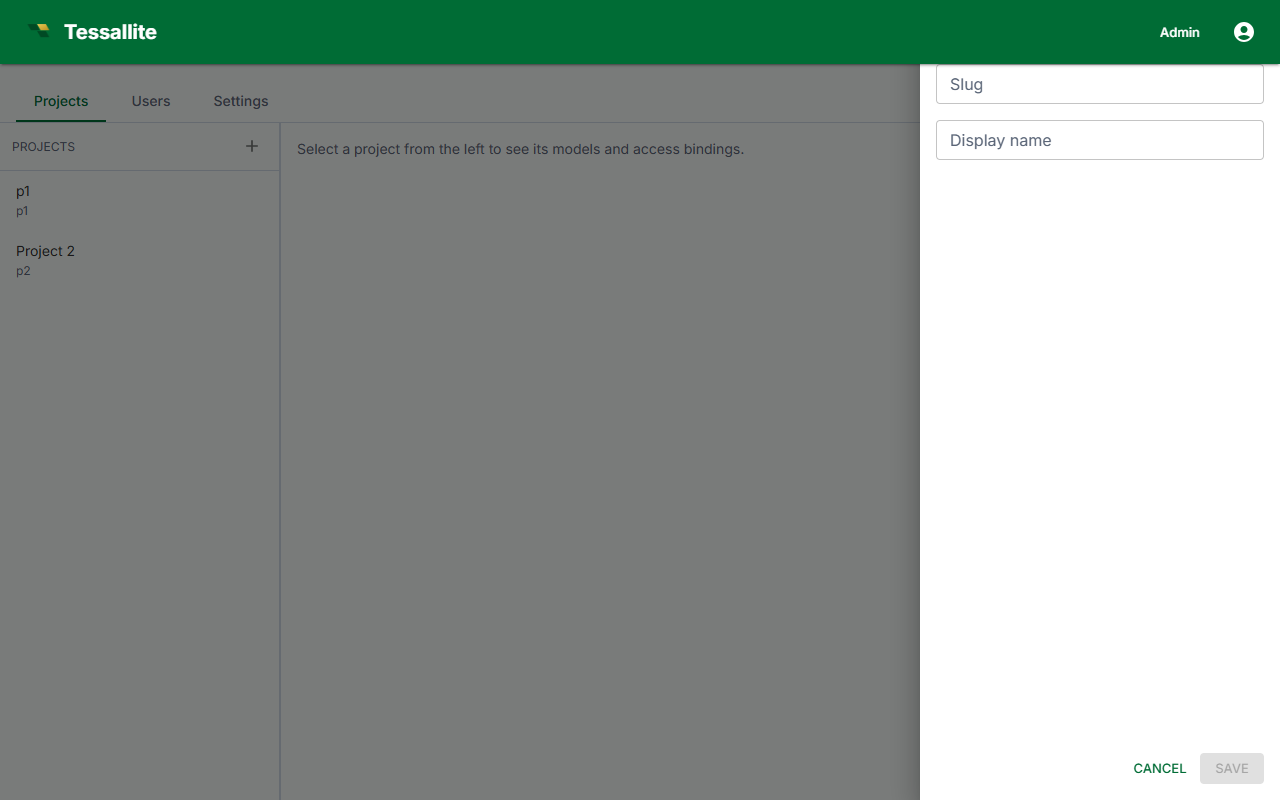 Tenant Admin — Create new project dialog.