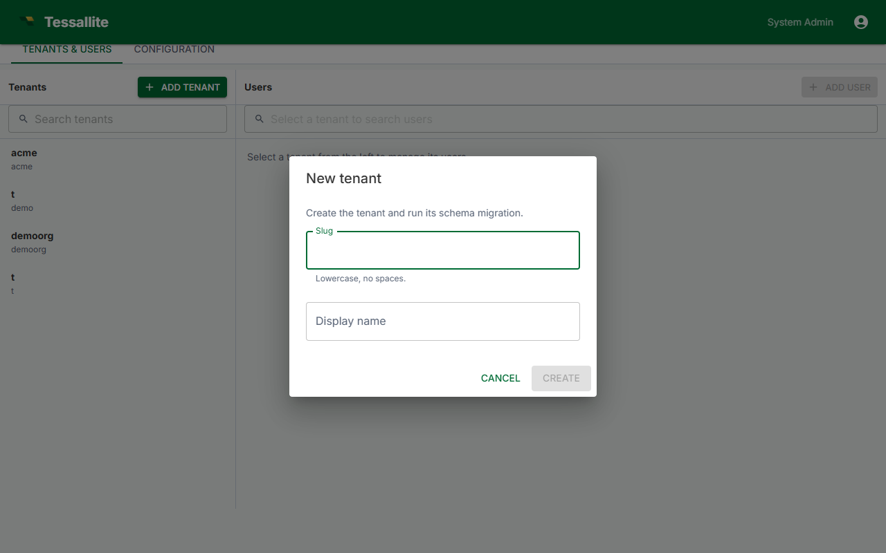 System Admin — Create new workspace dialog.