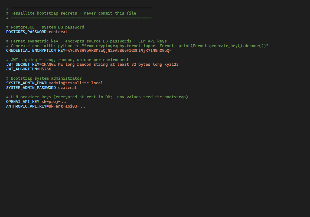 Editor view of the .env file with bootstrap credentials.