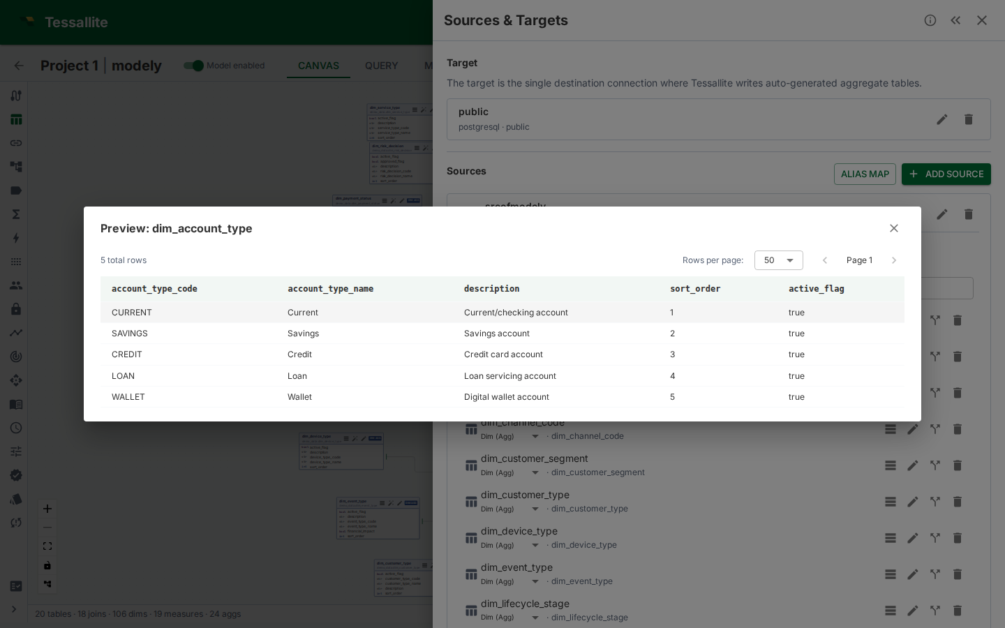 Live data preview modal for a source table in Model Builder.