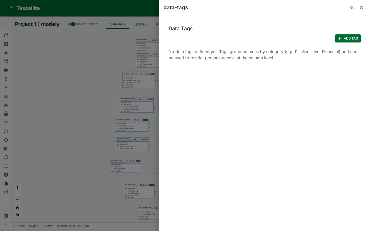 Live Data Tags drawer opened from Model Builder.