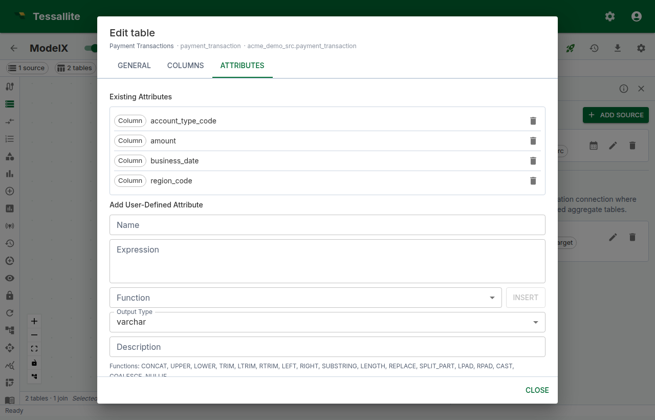 The Attributes tab showing the catalogue of physical columns and the user-defined-attribute editor with a function picker and Validate action.