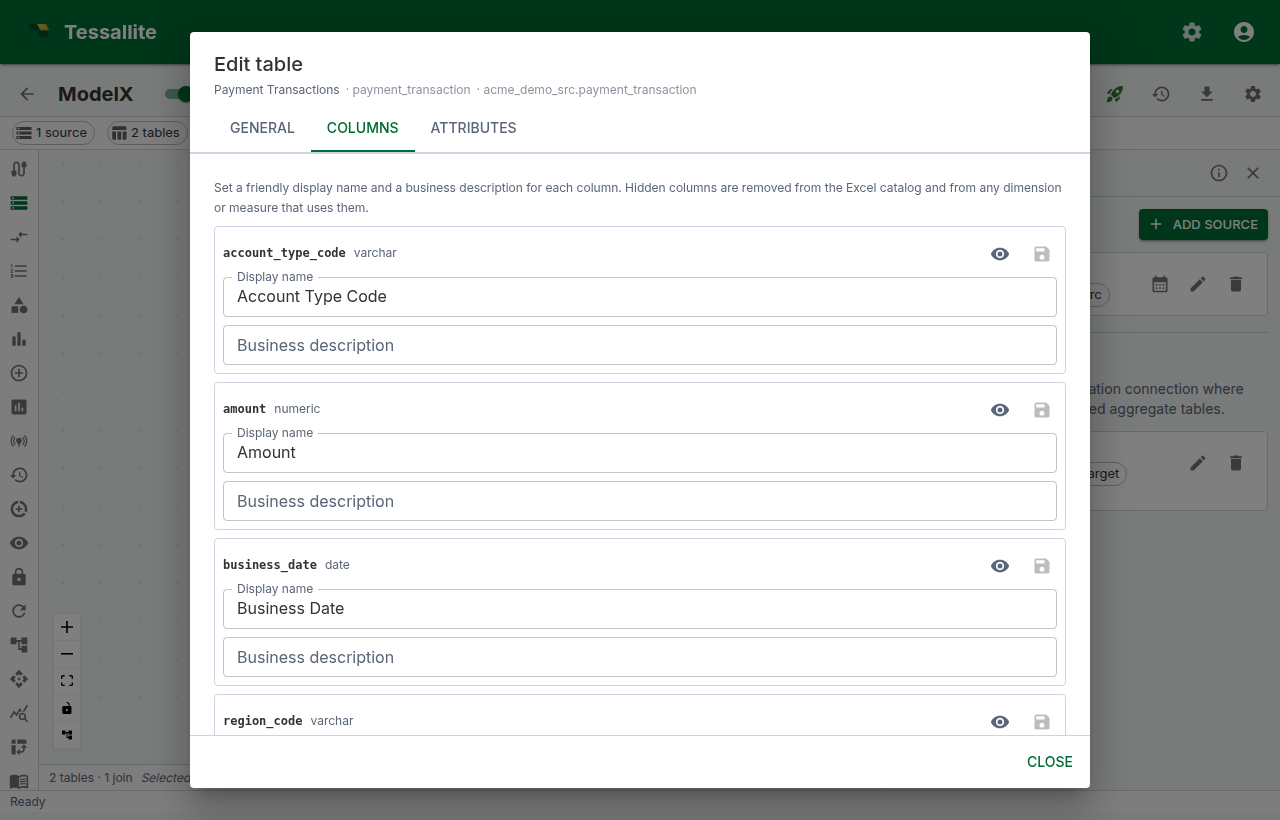 The Columns tab listing physical columns with per-row Save controls and a global Save N action.