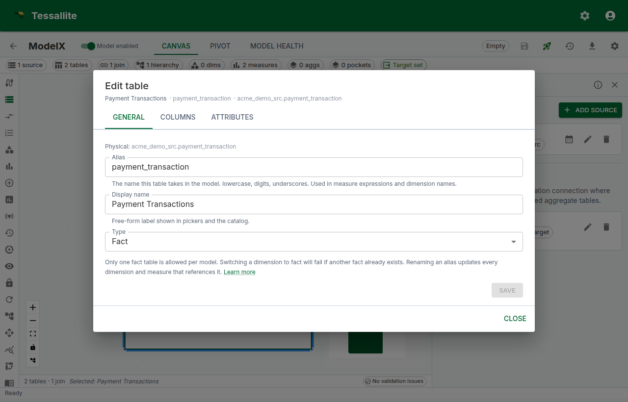 The Edit table dialog open on the General tab.