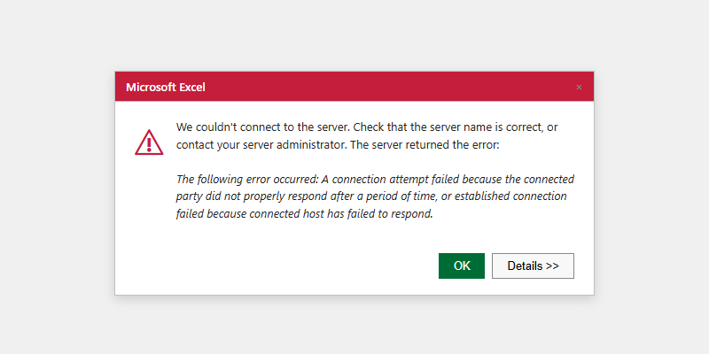 Excel error dialog when XMLA endpoint is unreachable.