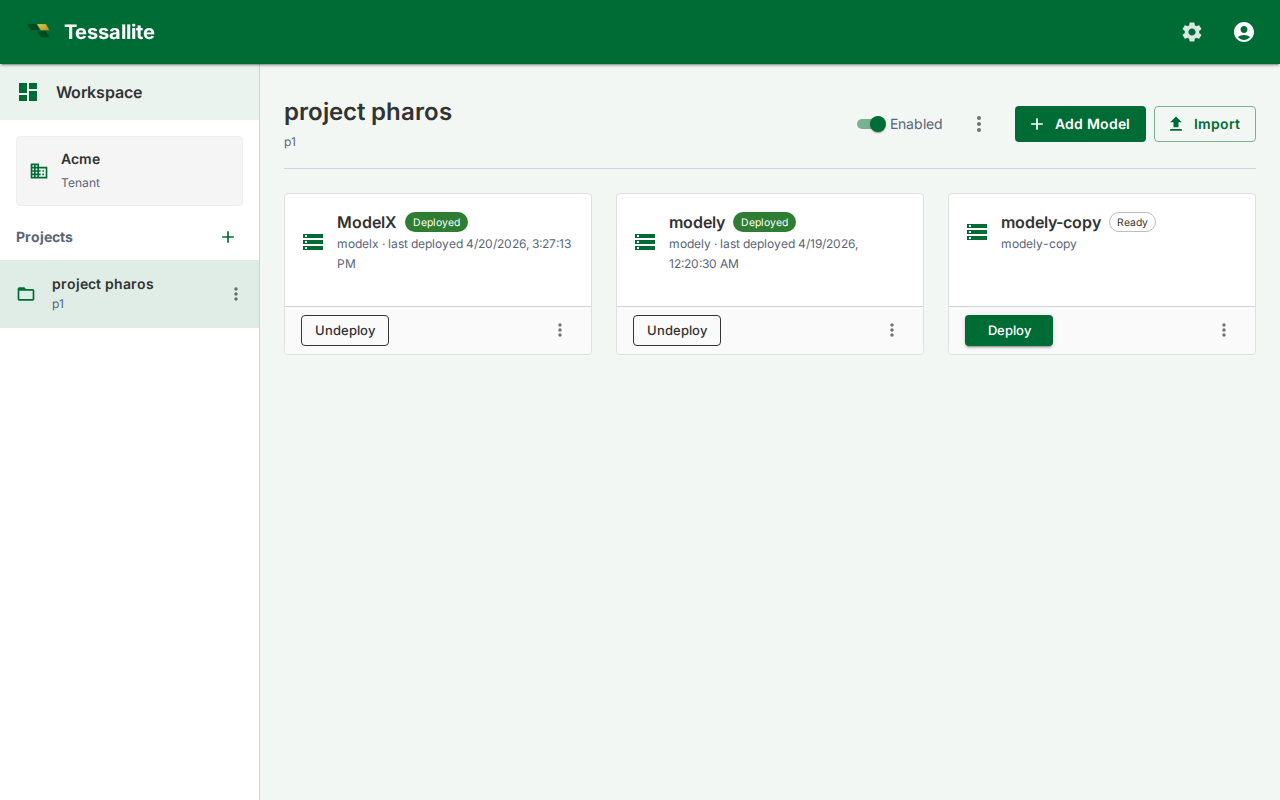 Explorer page showing Add Model and Import buttons.