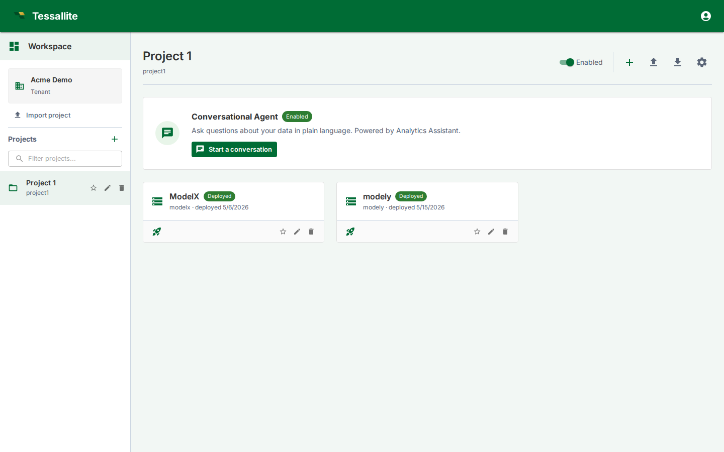 Live Explorer workspace showing the acme-demo project list, agent card, and deployed model cards.