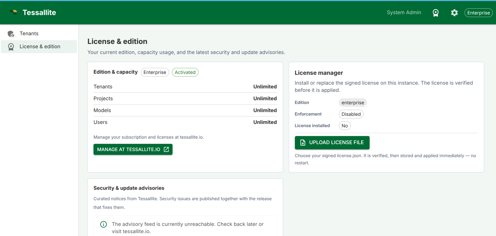 System Admin License & edition page showing the License manager card.