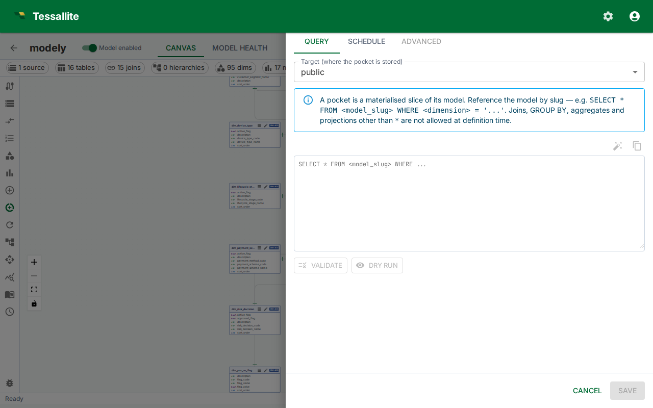 Model Builder — Pocket Drawer in create mode, Query tab.