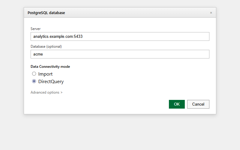 Power BI Desktop — PostgreSQL connection dialog.