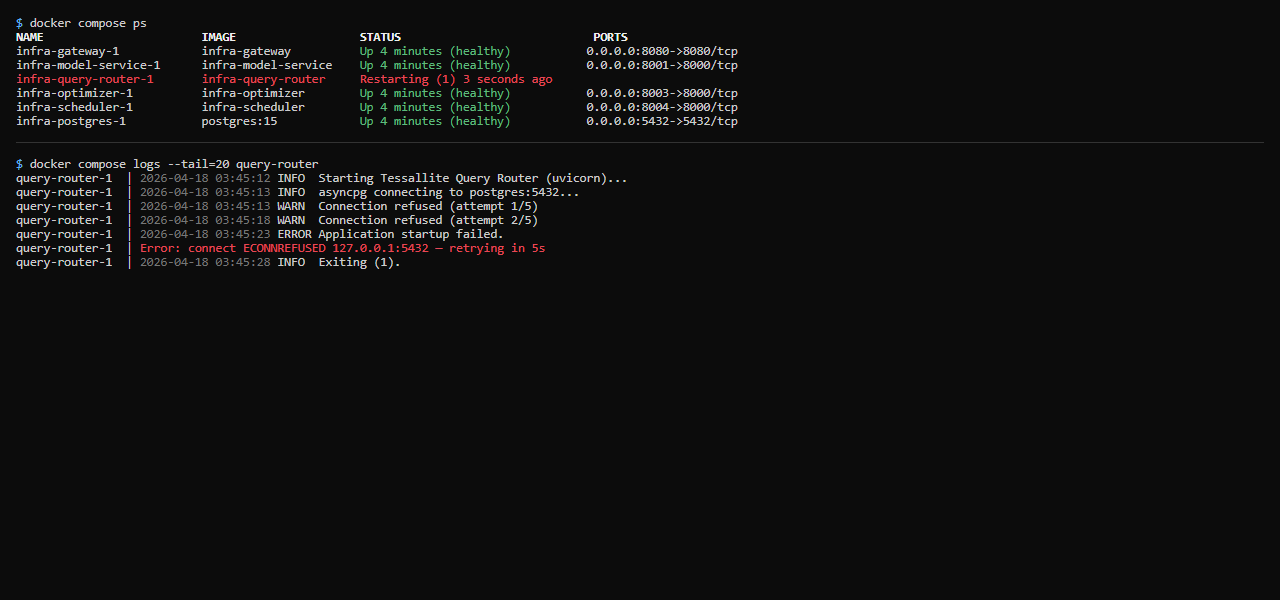 Terminal — service in restart loop with ECONNREFUSED logs.
