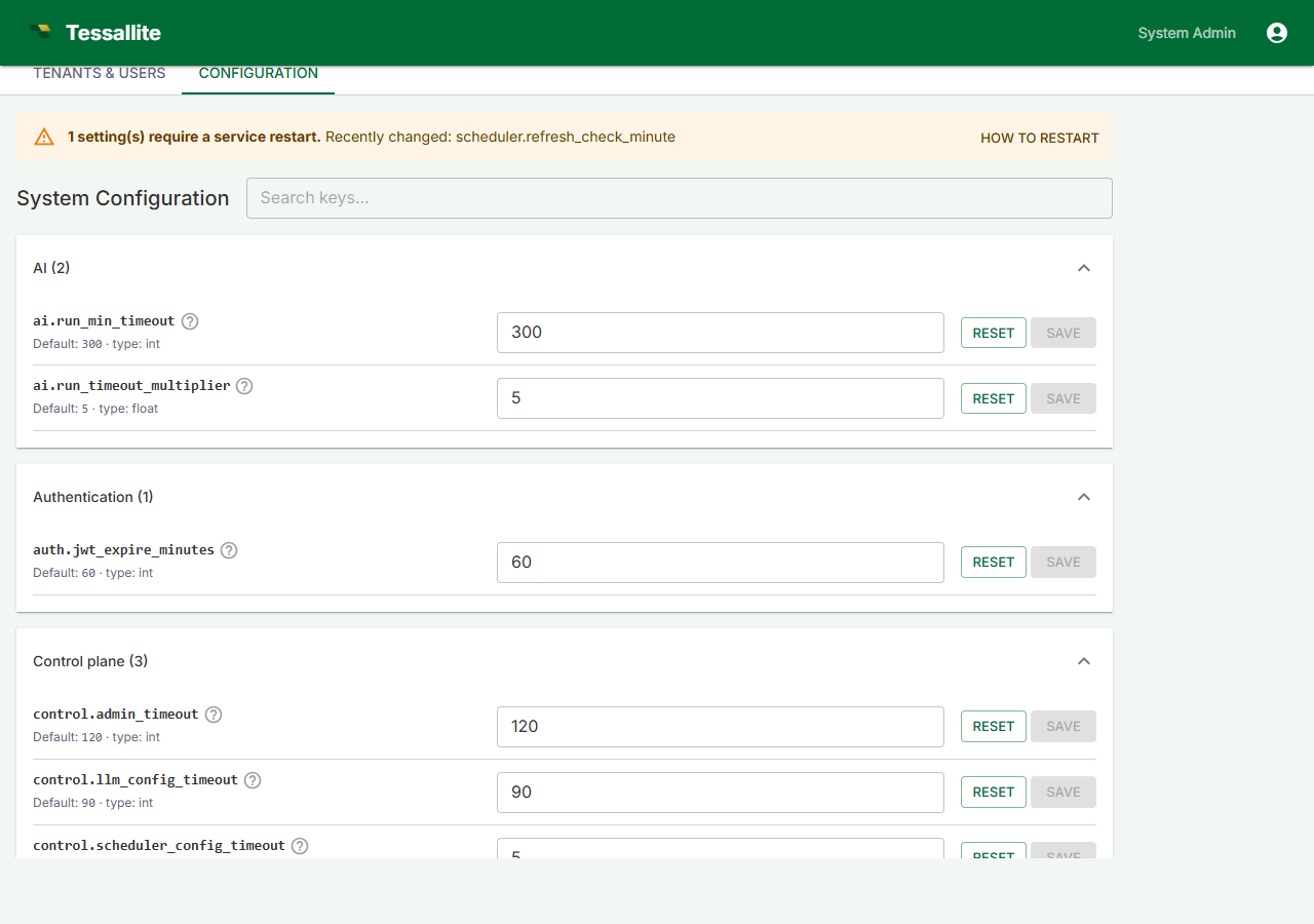 System Admin — Configuration tab with sectioned settings accordions.